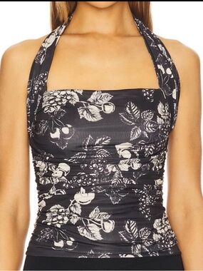Free People Black and Cream Floral Halter Top